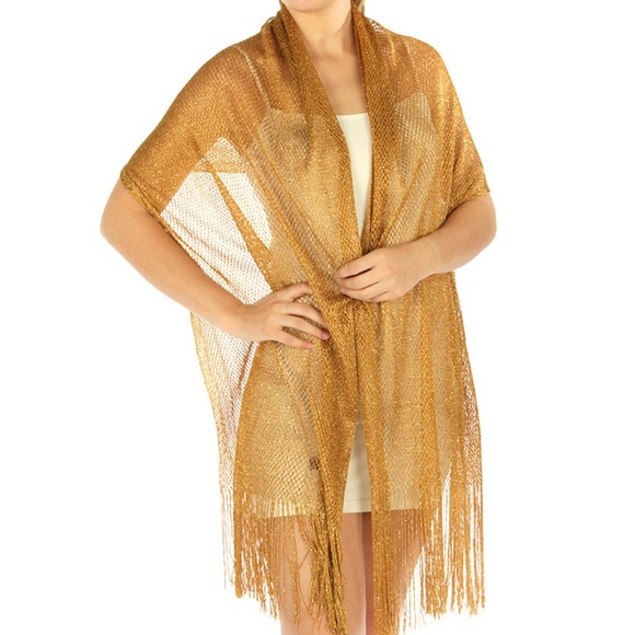 Gold Shimmering Embroidered Organza Silk Vintage Style Evening Shawl Wrap Scarf